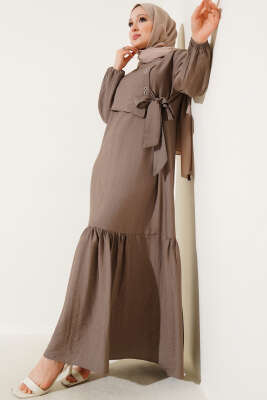 Kuş Gözü Detaylı Yandan Bağlamalı Elbise Kahve - Thumbnail