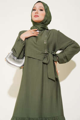 Kuş Gözü Detaylı Yandan Bağlamalı Elbise Haki - Thumbnail