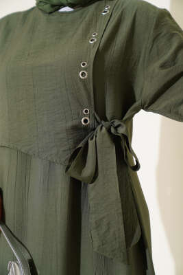 Kuş Gözü Detaylı Yandan Bağlamalı Elbise Haki - Thumbnail