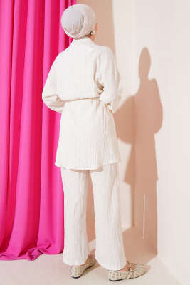 Beli Bağcıklı Önü Tahta Düğmeli İkili Takım Bej - Thumbnail