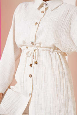 Beli Bağcıklı Önü Tahta Düğmeli İkili Takım Bej - Thumbnail