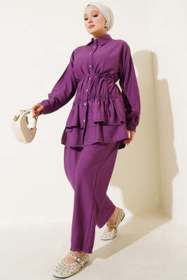 Pazarium - Eteği Fırfırlı İp Kuşaklı İkili Takım Magenta