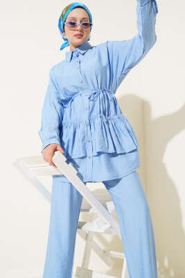 Pazarium - Eteği Fırfırlı İp Kuşaklı İkili Takım Mavi