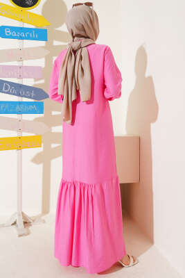 Kuş Gözü Detaylı Yandan Bağlamalı Elbise Pembe - Thumbnail
