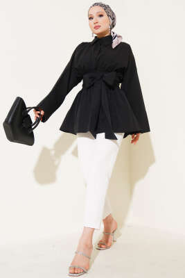 Pazarium - Kendinden Kuşaklı Önü Büzgülü Tunik Siyah