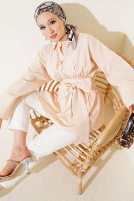 Pazarium - Kendinden Kuşaklı Önü Büzgülü Tunik Bej