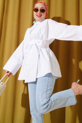 Pazarium - Kendinden Kuşaklı Önü Büzgülü Tunik Beyaz