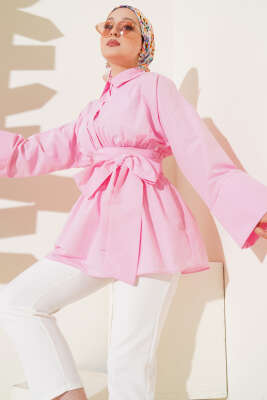 Pazarium - Kendinden Kuşaklı Önü Büzgülü Tunik Pembe