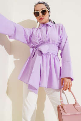 Pazarium - Kendinden Kuşaklı Önü Büzgülü Tunik Lila