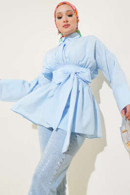 Pazarium - Kendinden Kuşaklı Önü Büzgülü Tunik Mavi