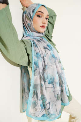 Pazarium - Karışık Yaprak Desenli Şal Turkuaz
