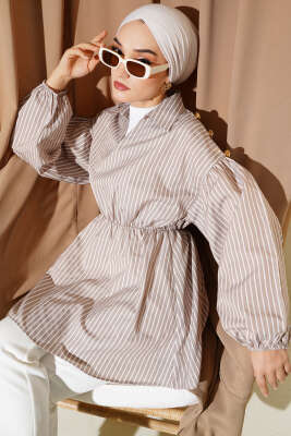 Pazarium - Çizgili Balon Kol Bel Lastikli Tunik Latte
