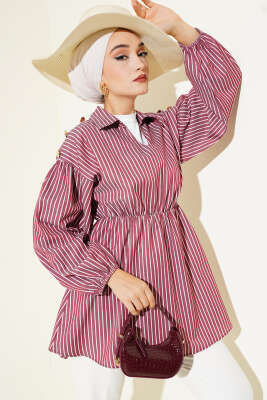 Pazarium - Çizgili Balon Kol Bel Lastikli Tunik Bordo