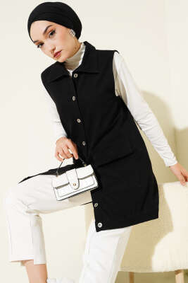 Pazarium - Cepli Kapaklı Kot Yelek Siyah