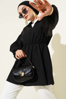 Pazarium - Omuz Gold Düğme Detaylı Tunik Siyah