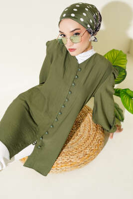 Pazarium - Brit Düğmeli V Yaka Gömlek Haki