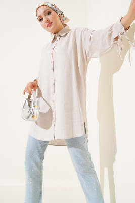 Pazarium - Manşet Bağcıklı Keten Gömlek Bej