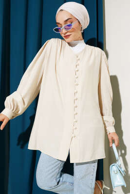 Pazarium - Brit Düğmeli V Yaka Gömlek Bej