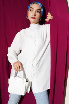 Pazarium - Brit Düğmeli V Yaka Gömlek Beyaz