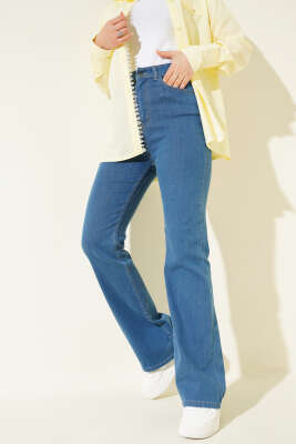 Pazarium - Dikişli İspanyol Paça Kot Pantolon Orta Mavi