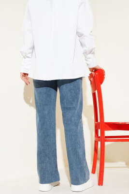 Salaş Kesik Paça Pantolon Orta Mavi Kar - Thumbnail