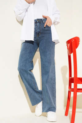 Salaş Kesik Paça Pantolon Orta Mavi Kar - Thumbnail