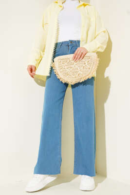 Pazarium - Salaş Kesik Paça Pantolon Açık Mavi