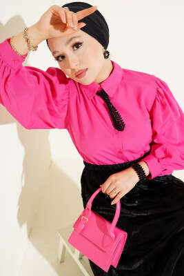 Pazarium - Balon Kollu Manşetli Gömlek Pembe