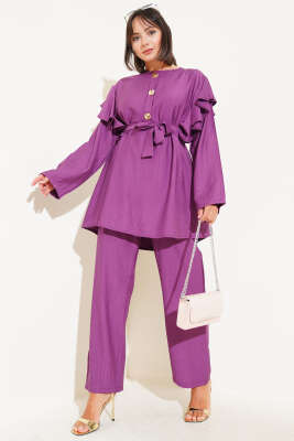 Pazarium - Omuz Fırfırlı Gold Düğmeli İkili Takım Magenta