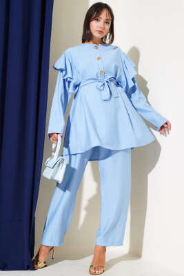 Pazarium - Omuz Fırfırlı Gold Düğmeli İkili Takım Mavi