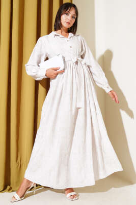 Pazarium - Gömlek Yaka Yandan Bağlamalı Elbise Taş