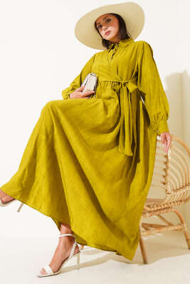 Pazarium - Gömlek Yaka Yandan Bağlamalı Elbise Yağ Yeşili