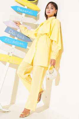 Pazarium - Omuz Fırfır Pelerinli İkili Takım Sarı