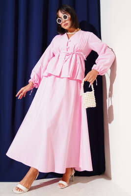 Pazarium - Brit Düğmeli İkili Etek Takımı Pembe