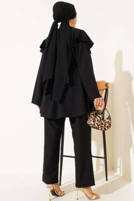 Omuz Fırfırlı Gold Düğmeli İkili Takım Siyah - Thumbnail