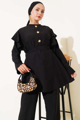 Omuz Fırfırlı Gold Düğmeli İkili Takım Siyah - Thumbnail