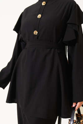 Omuz Fırfırlı Gold Düğmeli İkili Takım Siyah - Thumbnail