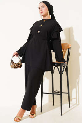 Omuz Fırfırlı Gold Düğmeli İkili Takım Siyah - Thumbnail