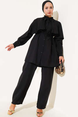 Omuz Fırfır Pelerinli İkili Takım Siyah - Thumbnail