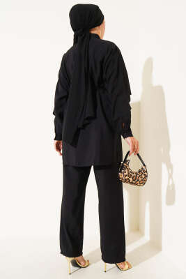 Omuz Fırfır Pelerinli İkili Takım Siyah - Thumbnail