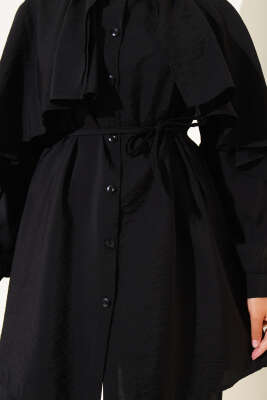 Omuz Fırfır Pelerinli İkili Takım Siyah - Thumbnail