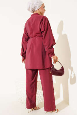 Omuz Fırfır Pelerinli İkili Takım Bordo - Thumbnail