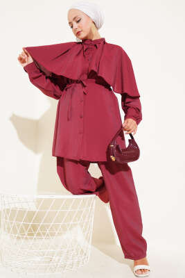 Omuz Fırfır Pelerinli İkili Takım Bordo - Thumbnail
