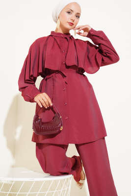 Omuz Fırfır Pelerinli İkili Takım Bordo - Thumbnail