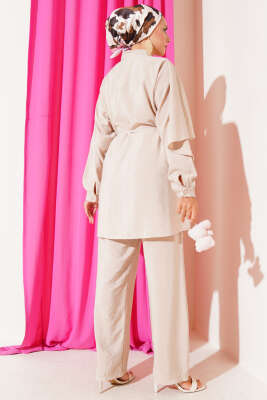 Omuz Fırfır Pelerinli İkili Takım Bej - Thumbnail