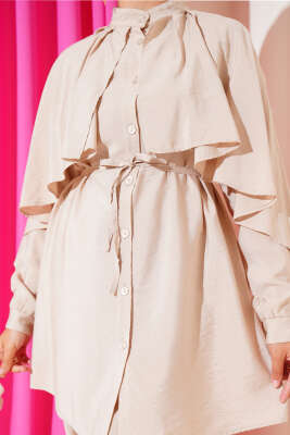 Omuz Fırfır Pelerinli İkili Takım Bej - Thumbnail