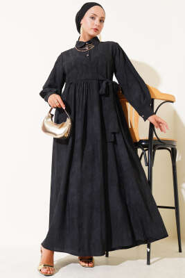 Pazarium - Gömlek Yaka Yandan Bağlamalı Elbise Siyah