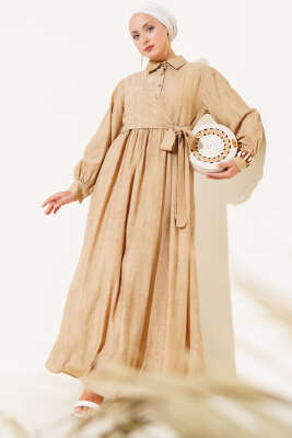 Pazarium - Gömlek Yaka Yandan Bağlamalı Elbise Camel