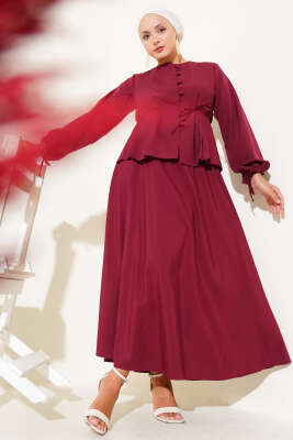 Pazarium - Brit Düğmeli İkili Etek Takımı Bordo