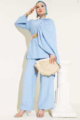 Büzgülü Omuz Pelerinli İkili Takım Mavi - Thumbnail